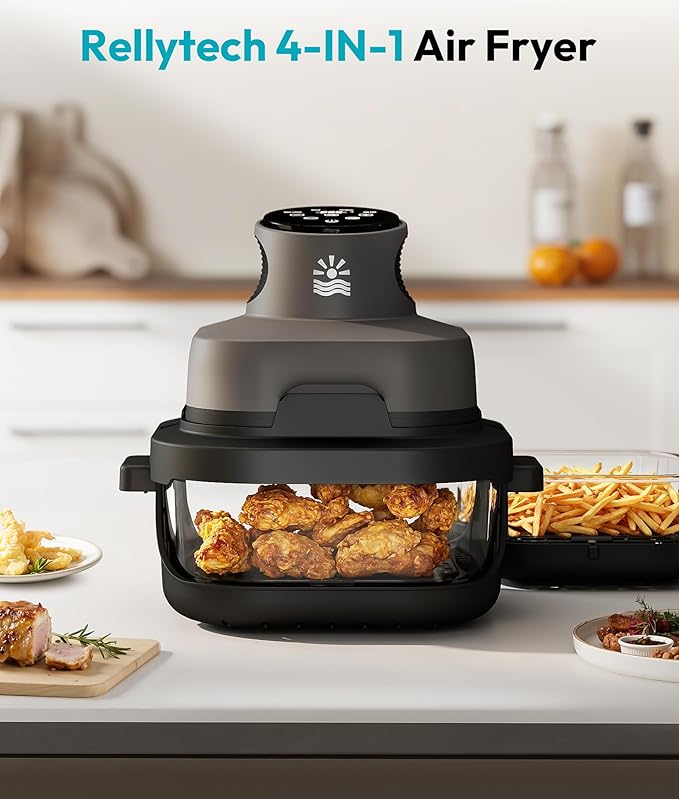 Rellytech Portable Glass Air Fryer - 1500W, 4.2 QT & 6-Cup Dual Glass Containers with Lids, 4-in-1, 60 Min Timer, 140°F-400°F Adjustable, Microwave, Freezer & Dishwasher Safe, Grey