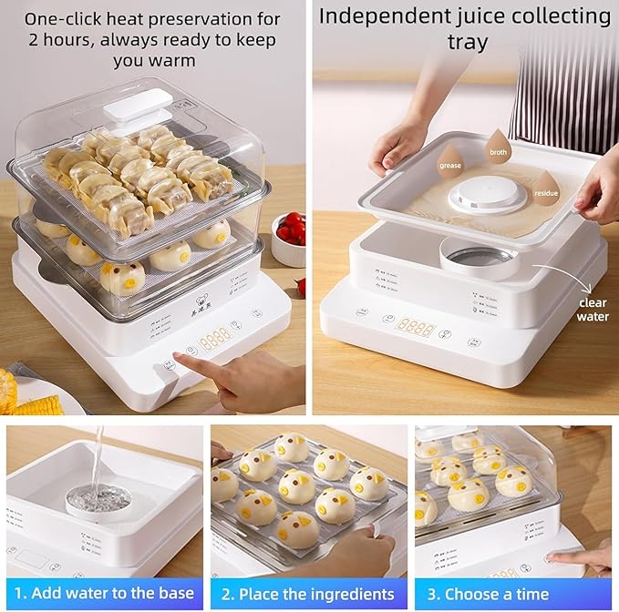 Electric Three-tier Steamer, Made From Commercial-grade Stainless steel, a Large-capacity Breakfast Machine With a Timer Function. Suitable for Home use, Restaurants and Banquets.