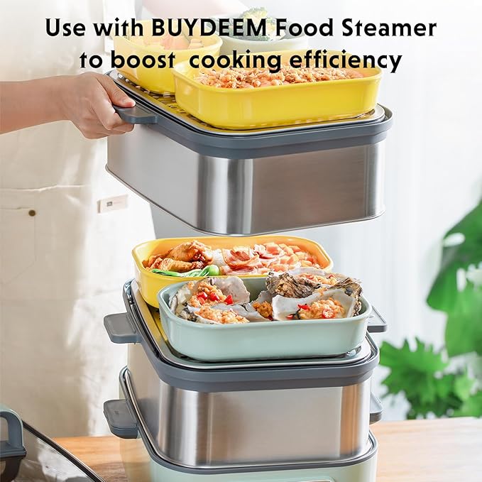BUYDEEM G52 10.6 Quart Electric Food Steamer Bundle with CT3008 Ceramic Food Storage Container 35 oz Cozy Greenish