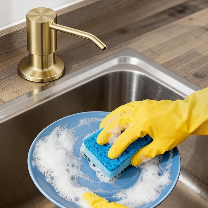 Built in Soap Dispenser for Kitchen Sink Countertop, Brushed Gold Stainless Steel Soap Dispenser Pump Head Refill from the Top with 11 Ounce Transparent Soap Bottle