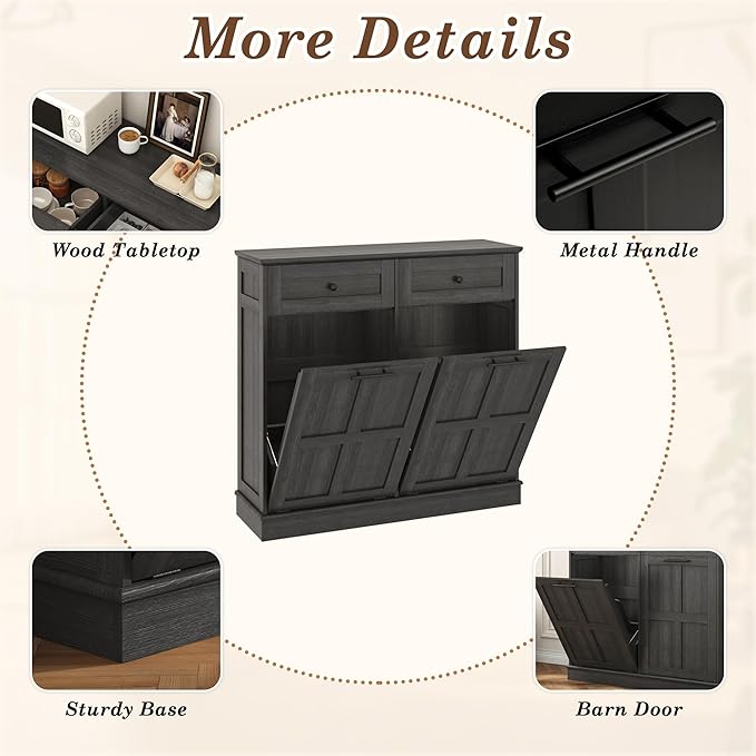 chartustriable Double Trash Can Cabinet, 26 Gallons Farmhouse Hidden Wood Garbage Can Bin Cabinet with Drawers, Tilt Out Laundry Hamper with Laundry Storage Basket for Bathroom, Kitchen, Dark Grey