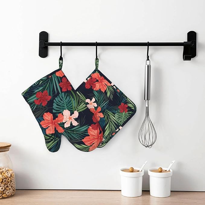 Tropic Hawaiian Hibiscus Flower Oven Mitts Pot Holders Set Silicone Heat Resistant Green Leaves Red Floral Oven Mitts and Hot Pads Potholders Non-Slip Oven Gloves for Cooking Baking Grilling