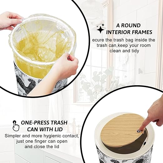 Trash Can with Lid Detailed Rooster Sunflower Black White Press Top Round Small Garbage Bin with Wooden Legs Waste Basket for Kitchen Bedroom Nursery 7L/1.8 Gallon