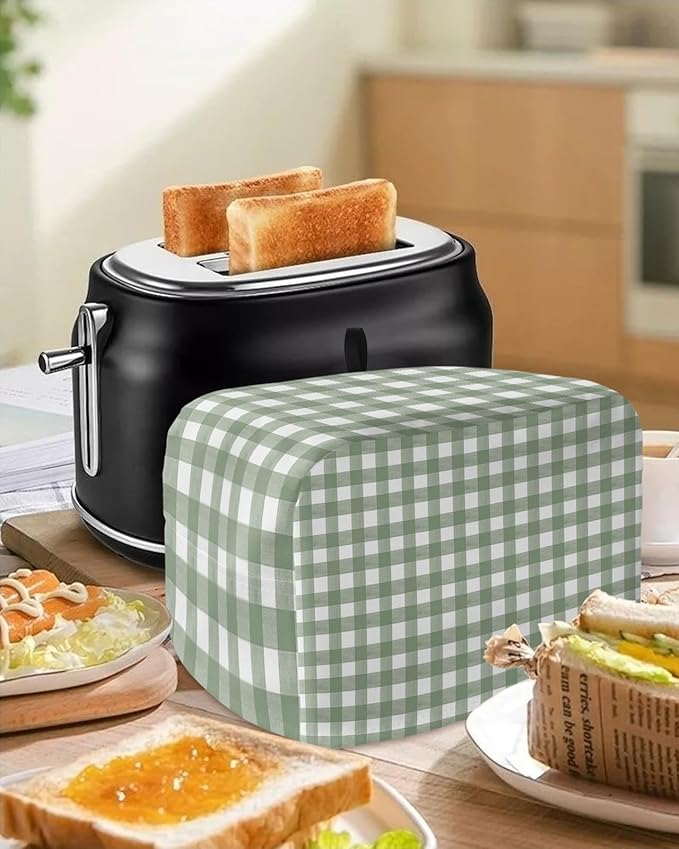Sage Green Buffalo Plaid Toaster Cover 4 Slice, Large Kitchen Appliance Cover, Farmhouse Green White Checkered With Loop, Bread Machine Polyester Dust Protection