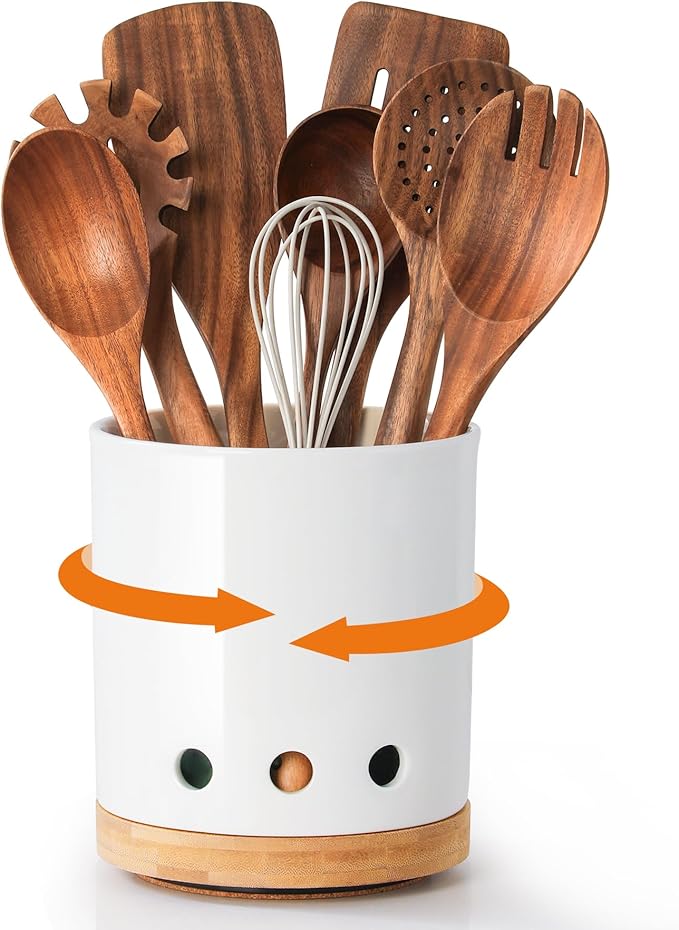 LoeJan 7.3“ 360° Rotating Ceramic Utensil Holder for Kitchen Countertop – Cooking Utensil Crock Organizer with Non-Slip Cork Base for Farmhouse Kitchen Decor, White
