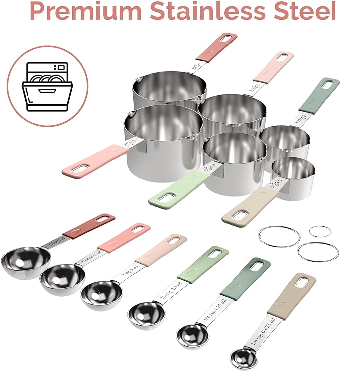 CuttleLab 22-Piece Stainless Steel Measuring Cups and Spoons Set, Tad Dash Pinch Smidgen Drop Mini Measuring Spoons, Measuring Stick Leveler, Measurement Conversion Chart Fridge Magnet, (Country Chic)