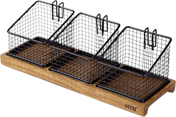 HTB Tea Organizer for Tea Bags, Tea Bag Holder with Acacia Wood Stand and 3 Removable Metal Basket for Sugar Packets, Sweeteners, Creamers for Cabinet, Countertop