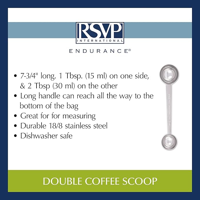 RSVP International Coffee Measuring Spoon, Long Handled Stainless Steel Scoop Multi-purpose for Baking, Ground Coffee, Beans or Loose Leaf Tea, Double, 1-Tbsp/2-Tbsp