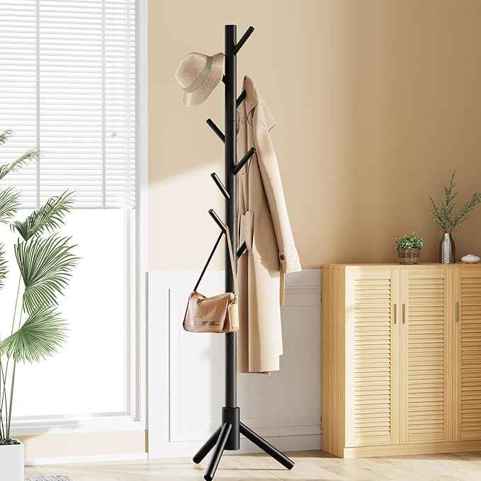 Pipishell Sturdy Wooden Coat Stand, 3 Adjustable Sizes Coat Tree with 8 Hooks, Coat Stands for Hallway Entryway, Hat Stand for Clothes, Used in Bedroom/Office/Hallway/Entryway, Black