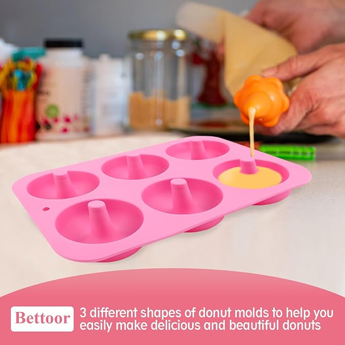 3 Pack Silicone Donut Pan, Non-stick Doughnut Molds for Baking, 6 Cavity Donut Maker Muffin Cupcake Bagel Making Tray (Pink, Orange, Green)