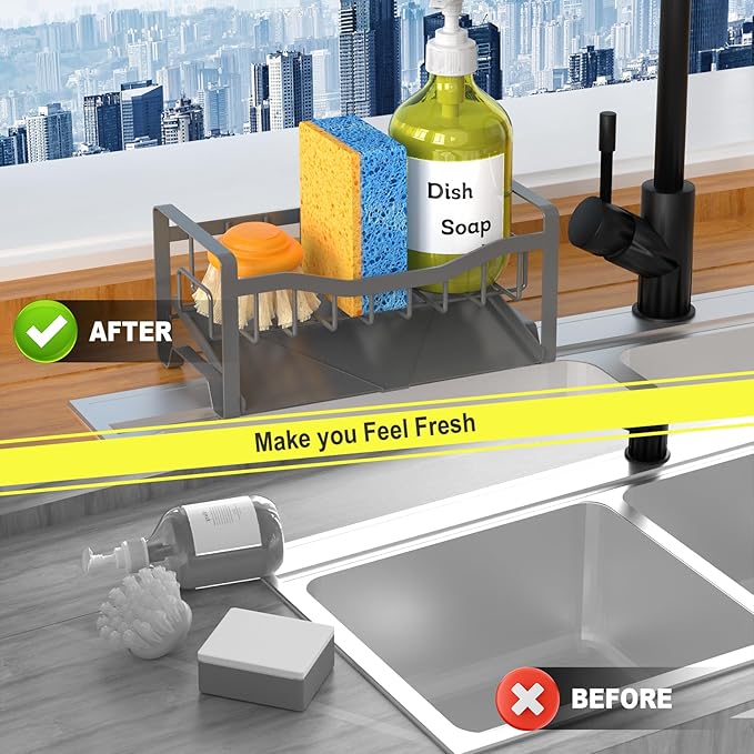 Maifan Stainless Steel Kitchen Sink Caddy Organizer with Auto Drain Tray, Sponge Holder for Countertop Storage Dark Gray