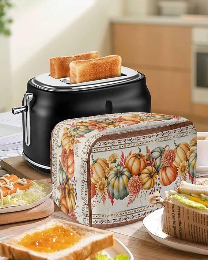 Orange Pumpkins Fall Toaster Cover 2 Slice, Thanksgiving Southwestern Floral Dustproof Bakeware Oven Protector with Top Hook, Autumn Waterproof Small Kitchen Appliance Toasters Dust Cover, 11"x6"x8"