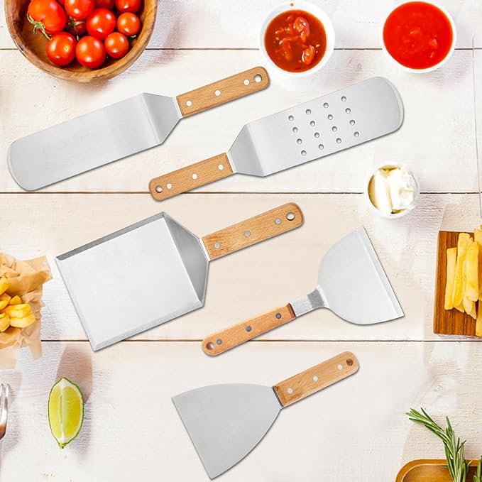Griddle Accessories Set of 25, Leonyo Flat Top Grill Accessories, Professional BBQ Tool with Enlarged Spatulas Scraper, Basting Cover, Smash Burger Press, Carry Bag for Outdoor Barbecue, Wood Handle
