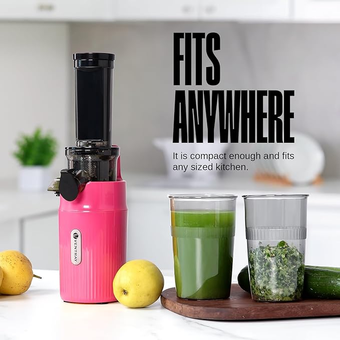 Ventray Ginnie Mini Cold Press Juicer, Small Slow Masticating Juicer for Vegetables and Fruits, High Juice Yield, Easy to Clean, Space-Saving, Fit for Personal/Travel/Picnic/Office - Pink