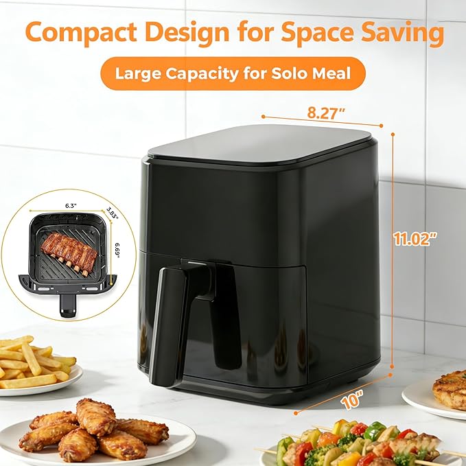 Simple Deluxe 8-in-1 Air Fryer 3 Qt, Digital Preset Airfryer with Overheat Protection and Auto Shut-Off, Nonstick and Dishwasher-Safe Basket for Fries, Bake, 60-Min Timer, Max 400°F, 800W, Black