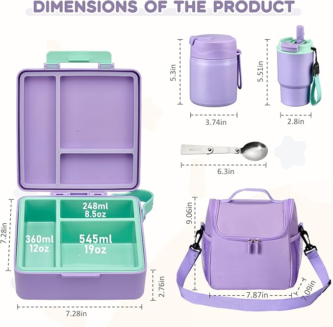 Pawtong Lunch Box Set with Bento Box Container, 17OZ Stainless Steel Food Soup Thermo, Kids Water Bottle & Portable Insulated Lunch Bag – Leakproof, Hot/Cold Retention for School, Travel (Purple)