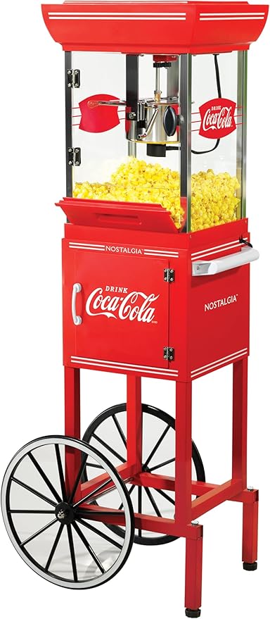 Nostalgia Coca-Cola Popcorn Maker - 48-Inch Vintage Movie Theater Style Cart with 2.5 Oz Kettle, 10 Cup Capacity, Lighted Interior, Storage Compartment, and Wheels - Red