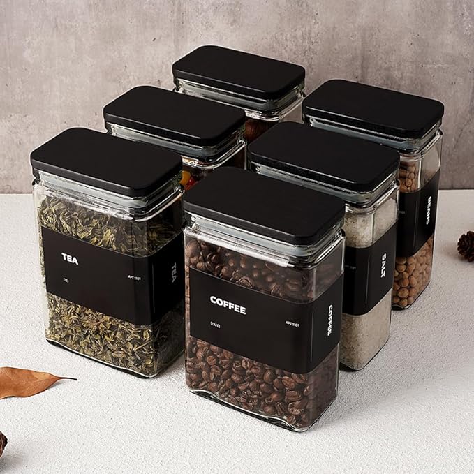 APT 1101 26 oz Glass Storage Jars with Bamboo Lid, set of 6, glass canisters with airtight lids, Clear jars with lids for Cookie, Candy, Tea, Coffee Bean and Rice, Black