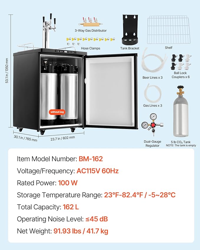 VEVOR Beer Kegerator, Triple Tap Commercial Draft Beer Dispenser for D system, Full Size Keg Refrigerator with 5lbs CO2 Tank, Hold 3 Sixth/2 Slim/3 Ball lock keg (3 taps - ball lock)