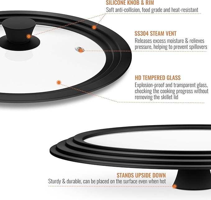 Universal Lids for Pots, Pans and Skillets, 7", 8" and 9" Pan Lid, Tempered Glass Pot Lid with Silicone Rim Heat Resistant, Replacement Pan Cover for Frying, Cookware & Bakeware Lids, Black