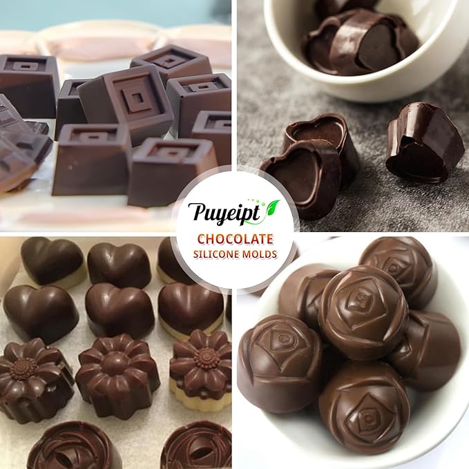 Puyeipt 4 Pcs Silicone Chocolate Molds, Non-Stick Candy Molds for Making Bite Size Chocolates, Candies, Truffles, Gummies, Jelly (Heart, Sunflower, Rose, Square, Swirl Shaped)