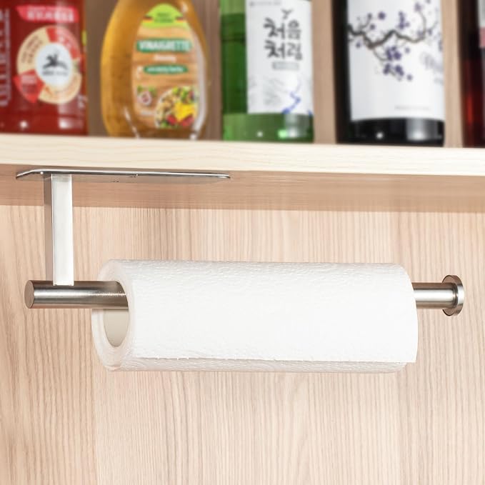 ASTOFLI Paper Towel Holder Under Cabinet No Drilling, Self Adhesive Paper Towel Holder Wall Mount for Kitchen Rack, Under Counter Napin Holder No Drill, RV, 304 Stainless Steel, Silver 2 Pack