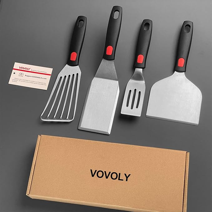 Stainless Steel Spatula Set with Heat Resistant Silicone Handle, VOVOLY Metal Spatulas For Kitchen Use, Thickened Smash Burger Spatula, Mini Brownie Spatula, Fish Flipper, Grill Scraper