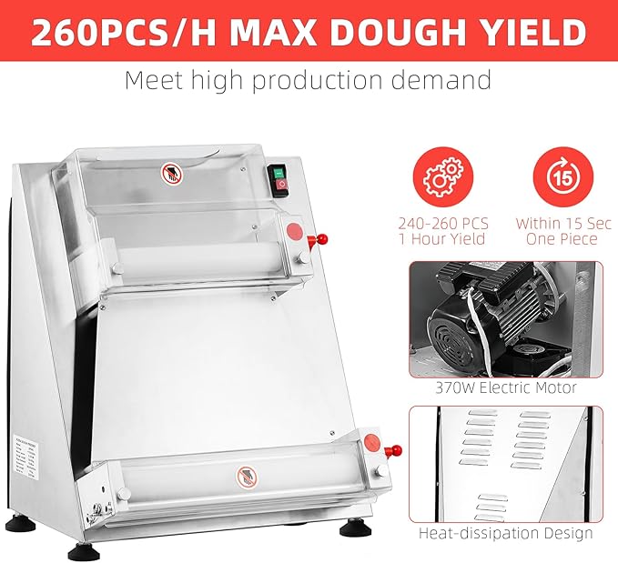 Commercial Pizza Dough Roller Sheeter, Max 16", Towallmark Automatic 370W Electric Pizza Dough Roller, Stainless Steel, Suitable for Noodle, Pizza Bread and Pasta Maker Equipment