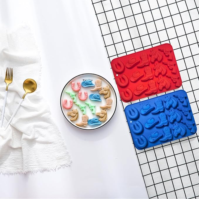 2Pcs Cowboy Chocolate Candy Molds - Cowboy Hat Boot, Horse Saddle Shape Silicone Candy Molds Western Themed Party Baking Mold Jello Ice Cube Candle Mold for Cupcake Cakesicle Decorations