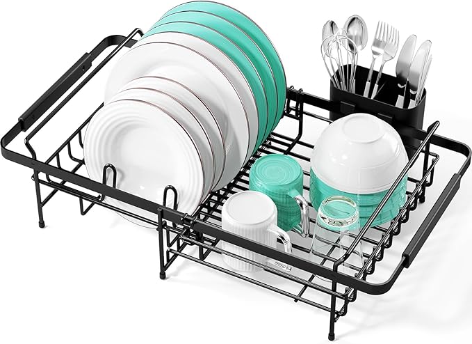 Urackify Dish Drying Rack in Sink - Expandable (14.5''-18''L) Over The Sink Dish Rack with Utensil Holder, Space-Saving Dish Drainer for Kitchen Counter, 1 Piece, Matte Black