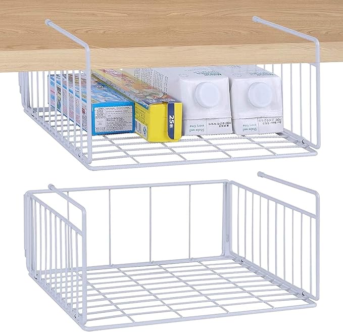 SUFAUY Under Shelf Basket Storage, 2-Pack Under Cabinet Hanging Wire Organizer for Pantry Kitchen, White