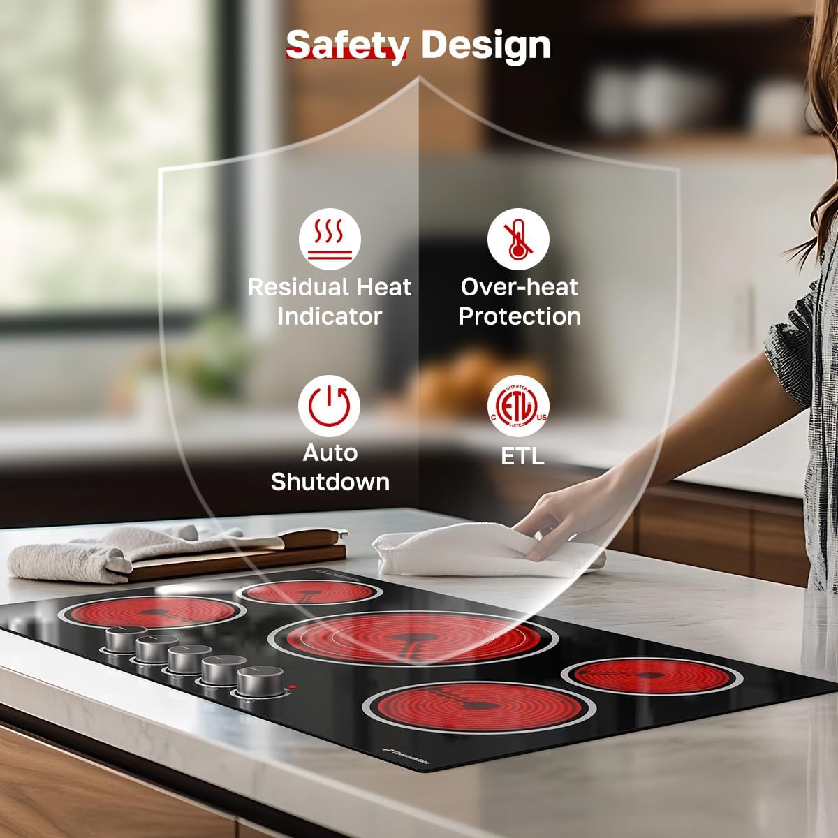 ThermoMate 36 Inch Electric Cooktop, 5 Burners Knob Control Built-in Ceramic Cooktop, 30" Radiant Electric Stove Top of 9000W with 9 Heat Levels, Hot Surface Indicator, 220-240v, Hard Wired