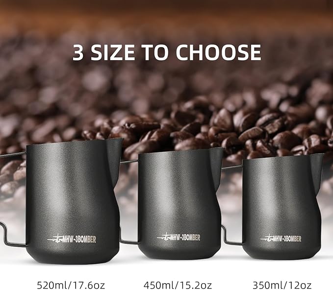 MHW-3BOMBER Milk Frothing Pitcher 450ml/15.2oz Milk Frother Cup Espresso Steaming Pitcher Stainless Steel Milk Frother Cup Barista Latte Art Round Spout Milk Jug P6005MB