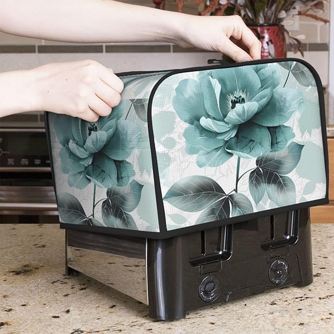 Toaster Cover 4 Slice Elegant Teal Flower Leaves Waterproof Appliance Cover with Hang Loop Bread Baker Toaster Cover for Kitchen