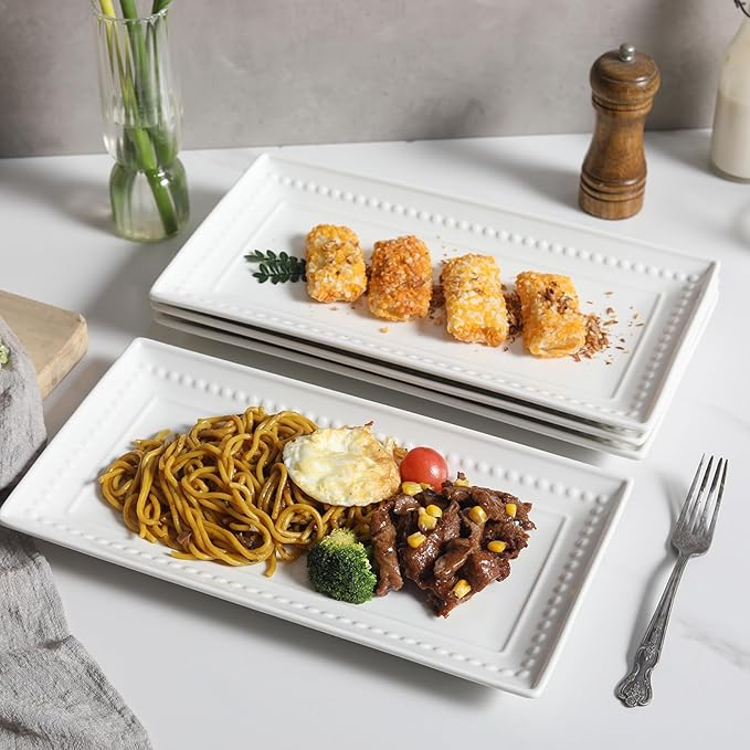 14 inch Ceramic Serving Platter - Rectangular Serving Trays Set of 4, Large Embossed Plates, Porcelain White Platters for Steak, Appetizer, Dessert, Tacos, Housewarming, Oven Dishwasher Safe