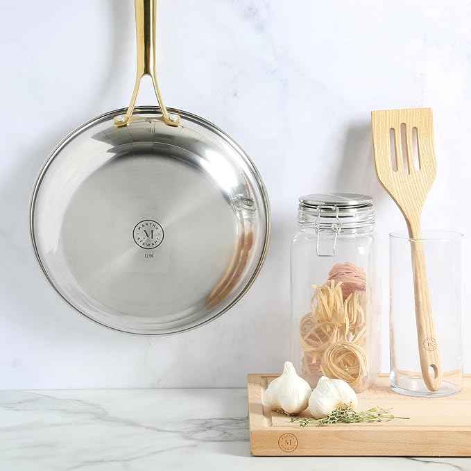 Martha Stewart Castelle 12-Inch Stainless Steel Frying Pan with Gold-Tone Handle – Tri-Ply Encapsulated Bottom, Oven Safe & Induction Safe Skillet for Searing and Sautéing