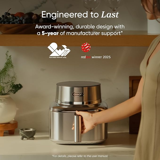 Cosori Iconic Stainless Steel 6.5 Qt Smart Air Fryer, PFAS-Free Ceramic Coating, Max 450°F, Consistent Cooking, Air Fry, Roast, Bake, Dry, Proof, Reheat, Dishwasher-Safe Basket, Chef-Crafted Recipes