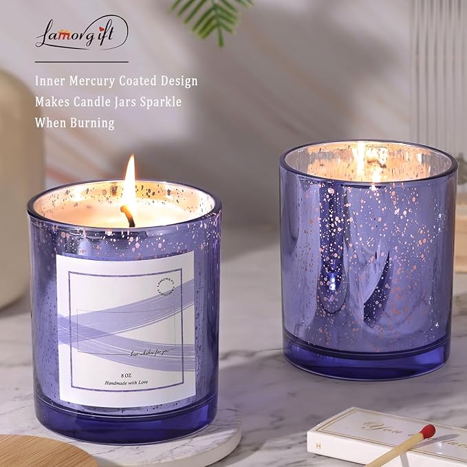 LAMORGIFT 12 Pack Glass Jars with Lids (10oz, Purple) - Making Containers for Candles - Mercury Glass Jars Include 15 Pcs Labels