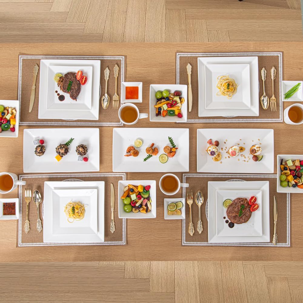 Porlien 16-Piece Classic Square Dinnerware Set for 4-Square Dinner Plates, Dessert Plates, Bowls & Dipping Saucers, Off White Dishes for 4