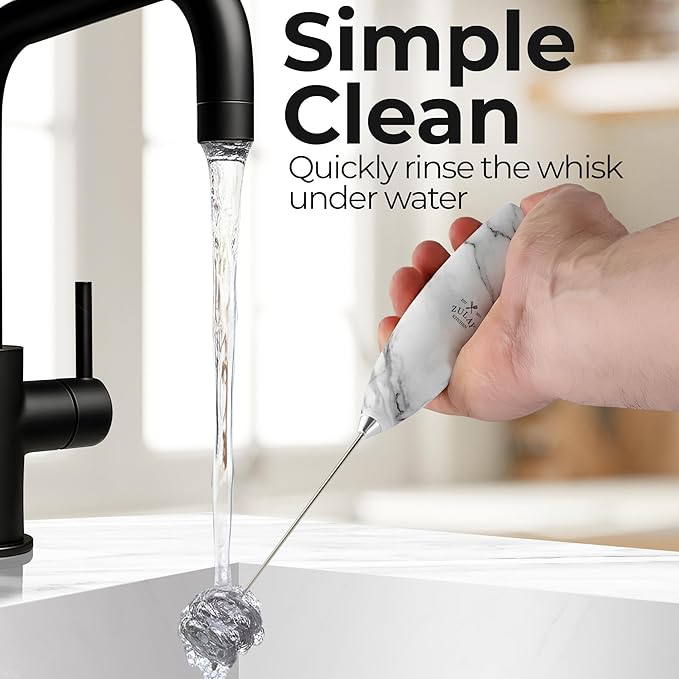 Zulay Kitchen Patented Tornado Triple Whisk Milk Frother with 4 Duracell Batteries – Handheld Foam Maker for Coffee, Lattes, Matcha & Hot Chocolate – Rich, Creamy Froth in Seconds - Marble