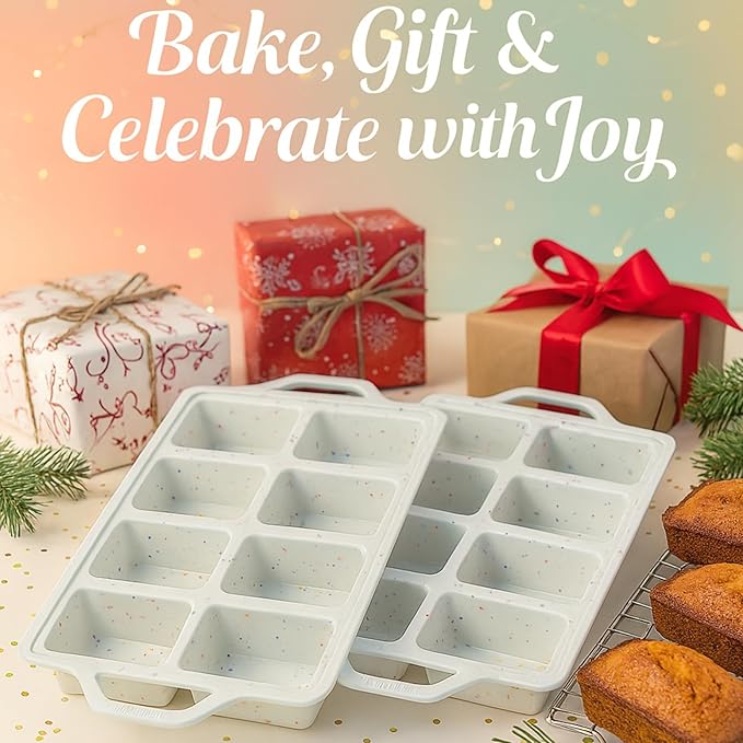 2-Pack Silicone Mini Loaf Pans for Baking Bread – 8-Cavity Nonstick Baking Molds with Metal-Reinforced Handles – BPA-Free, Odor-Resistant Silicone mini bread loaf pans for Cakes & Meatloaf – Cream