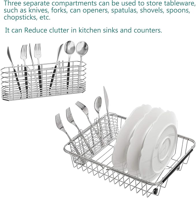 NiuYichee 304 Stainless Steel Utensil Holder, Dish Drying Rack, kitchen Utensil Organizer, Knife and Fork Drainage Rack, Kitchen Drainage Basket Accessories, With Hooks, Rust Proof, Color-Silver