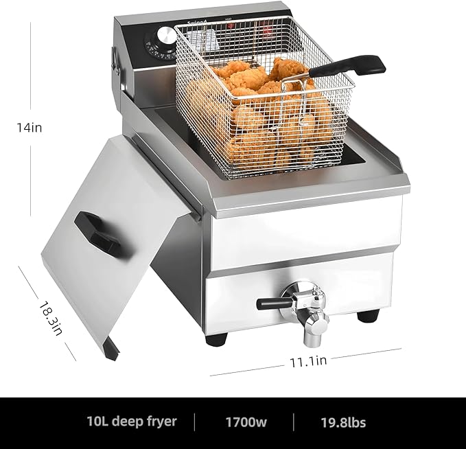Deep Fryer with Basket for Home and Commercial Use, 1700w 16Qt 0.8mm Upgraded Stainless Steel Countertop Electric Fryer with Oil Valve and Oil Drainage System, Heavy Duty Oil Fryer