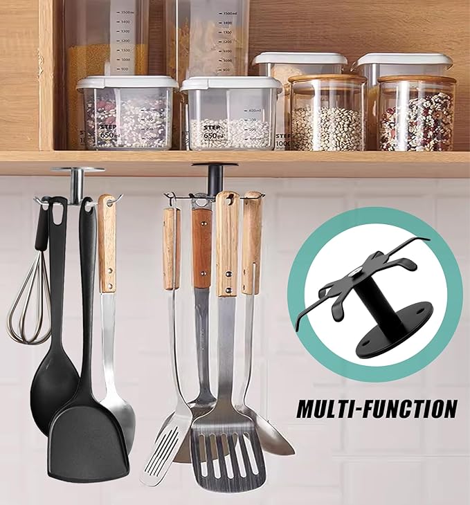 Zorfeter 2 PCS Under Cabinet Kitchen Utensil Hooks, Stainless Steel Utensil Racks 360°Rotating Drilling Free Adhesive Utensils Hanging Rack Holder, Black