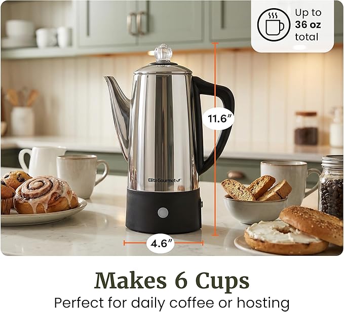 Elite Gourmet 6-Cup Electric Coffee Percolator – Stainless Steel, Fast Brewing, Keep Warm with Auto Shut-Off, Clear Brew Progress Knob, Cordless Serving Base, Reusable Filter, 1000W