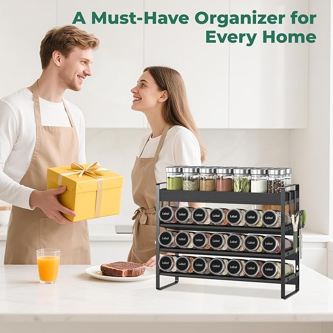 EsLuker.ly Spice Seasoning Rack Organizer Kitchen Countertop, 4 Tier Bamboo Spice Shelf Holder Storage with 4 Hooks, Wall Mounted Freestanding Stand for Pantry, Black (Jars Not Included)
