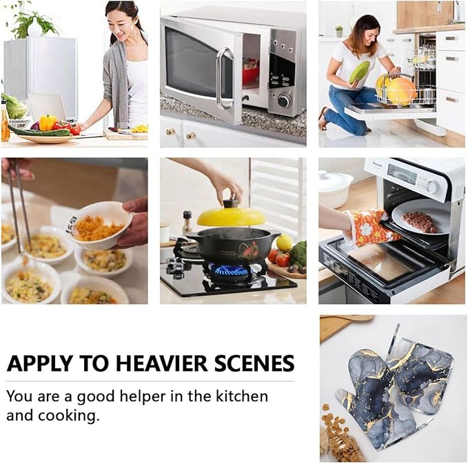 Blue Gold Marble Oven Mitts and Pot Holders Sets of 4, Heat Resistant Silicone Oven Mittens and Potholders Gloves Hot Pads for Kitchen Cooking Baking Grilling BBQ Chef