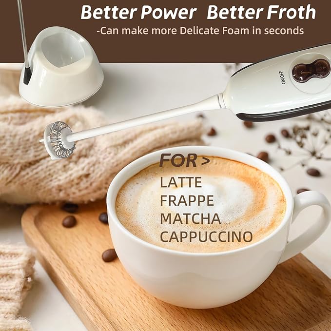 Powerful Milk Frother Wand - Battery Operated Handheld Drink Mixer - Electric Whisk Foam Maker for Coffee, Lattes, Cappuccino, Matcha, Hot Chocolate & Creamer