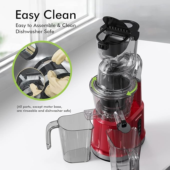 SIFENE Cold Press Slow Masticating Juicer Machine, Juice Extractor for Vegetables & Fruits, Dual Mouth 83mm Wide Chute, High Juice Yield, BPA Free, Easy-Clean, Compact Stylish Red Design
