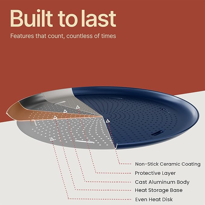 Bakken 16 Inch Non-Stick Pizza Pan 1 Pack, Round Carbon Steel Pizza Tray with Perforated Holes, PFOA, PFOS, & PTFE-Free, Dishwasher & Oven Safe Up To 450°F, Durable Nonstick Coating, Blue